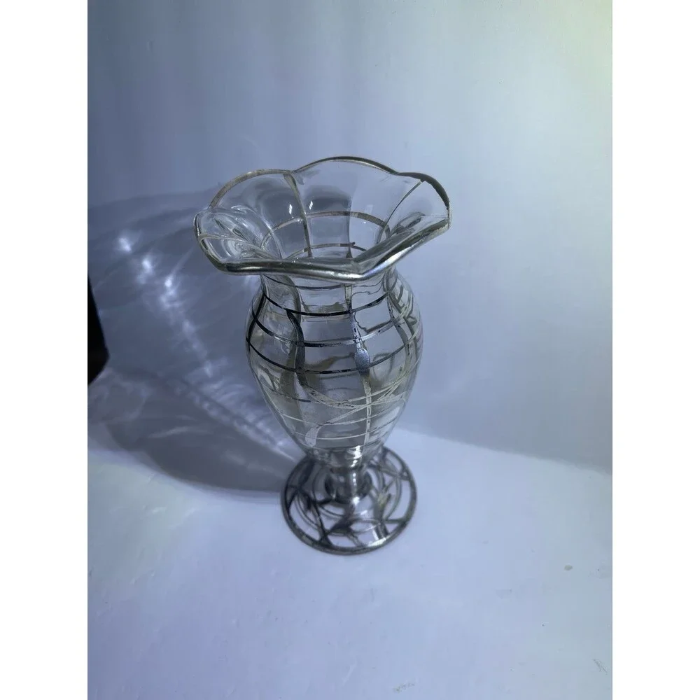 Art Nouveau Vase Sterling Silver Overlayed Glass Fluted Lip Footed Circa 1930’s